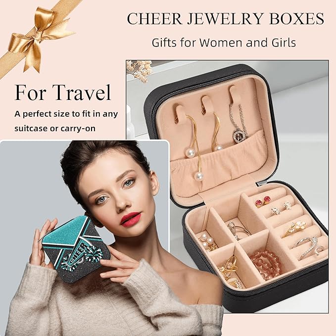 Cheerleader Travel Jewelry Case, Cheer Travel Jewelry Box for Women, Mini Jewelry Travel Case for Cheer Team, Cheerleader Gifts for Girls (Teal)