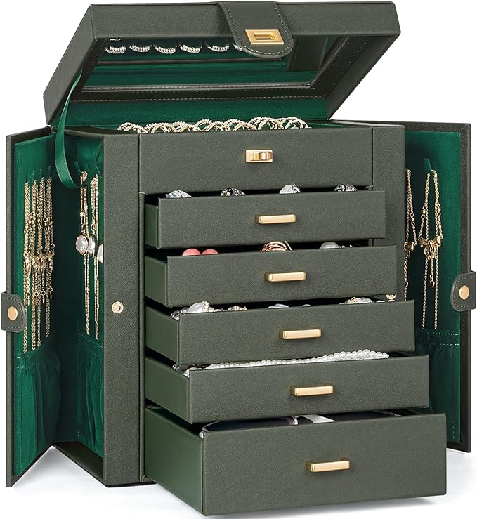 AKOZLIN 6-Tier Jewelry Box Organizer Functional 5 Drawers Leather Jewelry Storage Case for Women Girls Ring Necklace Earring Bracelet Holder Organizer with Mirror Dark Green