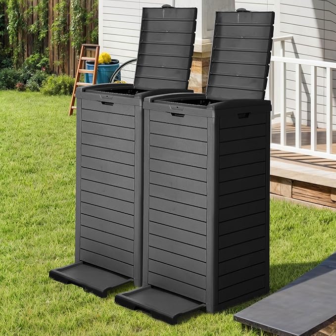 DWVO 38 Gallon Large Outdoor Trash Can, 2-Pack Waterproof Resin Hideaway Garbage Bin with Lid and Drip Tray, Outside Trash Bin for Porch, Backyard, Deck, Patio, Poolside, Easy to Clean, Black