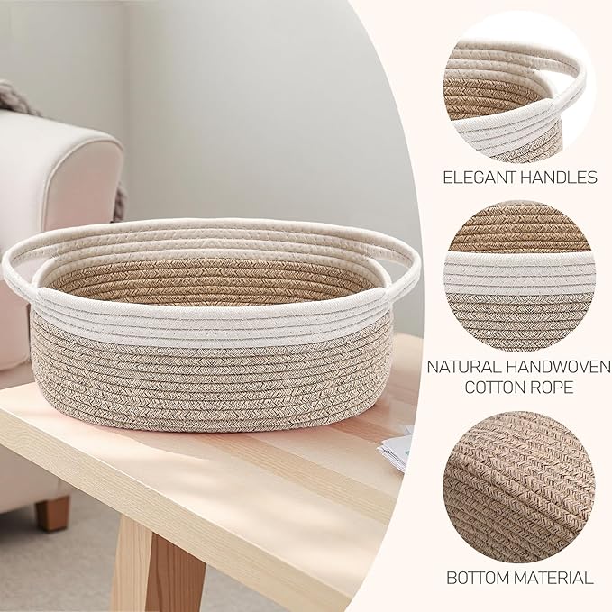 JMvicyroam Woven Basket,Small Rope Storage Bin with Handles & Ribbon Bag, Organizer for Shelves Closets,Gift Basket Empty for Birthday,Books,Dog Toys, White&Oatmeal
