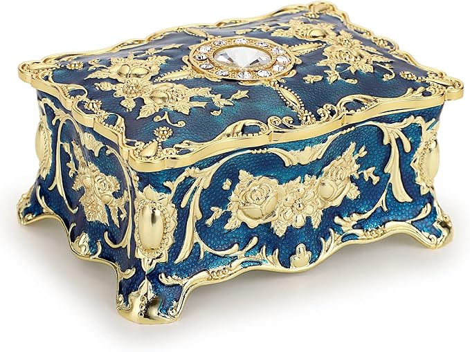 Hipiwe Vintage Jewelry Box, Small Enameled Trinket Box Organizer Rectangular Treasure Chest Box Jewelry Decorative box Keepsake Gift Box Case for Women,3.7x 2.7x 2 inch