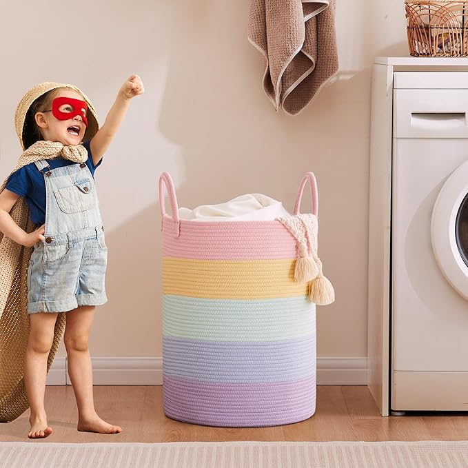 15Dx20H inches Large Baby Girls Kids Hamper Rainbow Laundry Basket for Nursery Clothes Pastel Unicorn Woven Hamper Tall Blanket Basket in Playroom Bedroom 62L