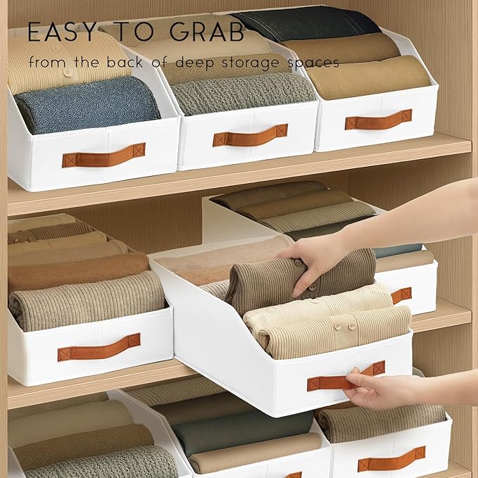 Homsorout Fabric Storage Bins for Organizing - 12 Pack Large Trapezoid Collapsible Storage Bins with Front Handle, Closet Organizers and Storage for Bedroom, Home Shelves, Small Spaces, White