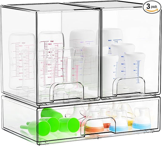 Yieach 3 Set Clear Baby Bottle Organizer for Countertop,BPA FREE Bottle Station Organizer for Breast Pump Parts,Pacifier and Baby Accessories,Stackable Drawers for Bathroom,Cabinet,Pantry Organization