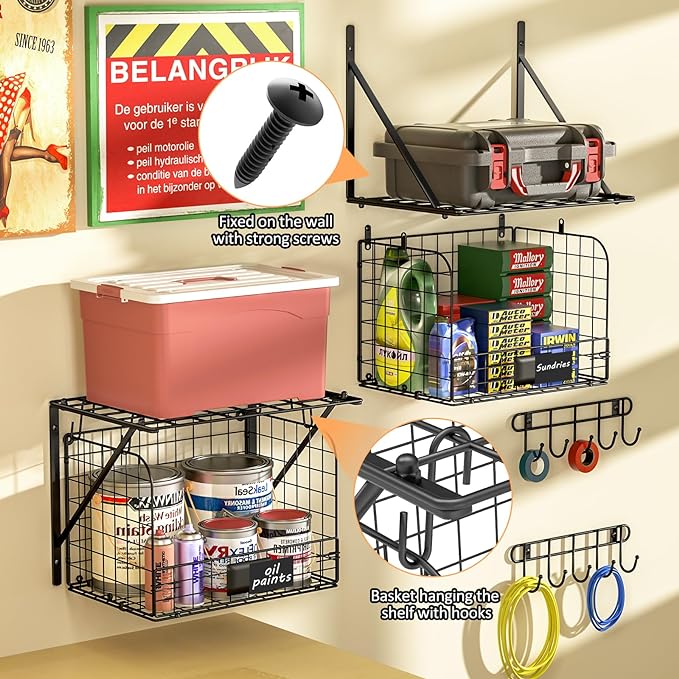 ThreeHio 2 Pack Garage Shelves Wall Mounted with Wire baskets, Heavy Duty Garage Wall Shelving with Hooks, Wire Shelf Baskets Tool Organizer for Home Garden Garage Organization and Storage