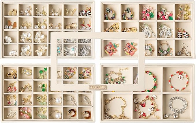 Frebeauty Earring Holder Stackable Jewelry Trays,Velvet Drawer Jewelry Organizer with Glass Lid, 5 in 1 Jewelry Box for Earrings Rings Studs,10.5 x 6.5 x 5.55 Inches Gift for Women (Beige)