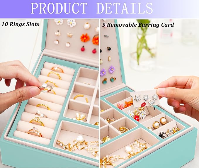 Earrings Jewelry Box for Girls, Large Capacity Jewelry Organizer with 40-Pair Earring Board, 2-Layer Leather Jewelry Storage Box for Necklaces Rings Bracelets with Removable Tray(Gift Idea),Turqueoise
