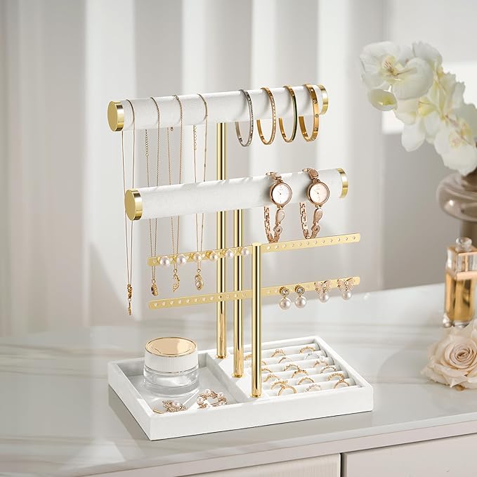 bussdis 3 Tier Bracelet Holder Display - Detachable T Bar White Velvet Bracelet Holder, Jewelry Holder Organizer for Bracelet, Necklace, Earrings, Rings