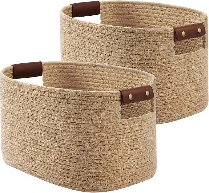 ECDYQXVU Cotton Rope Basket, Storage Baskets with Handle, 15x10x9 Inch Woven Basket for Shelves, Laundry, Towels, Clothes, Books (Jute/Brown 2Pack)