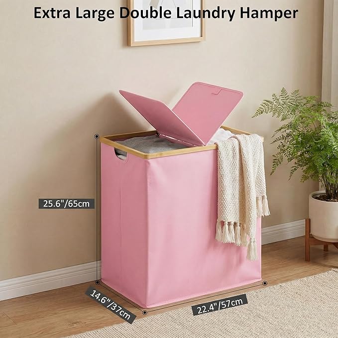 efluky Laundry Hamper with Lid, Double Laundry Hamper with 2 Removable Bags, 2 Section Laundry Basket with Bamboo Handles for Bathroom, Bedroom & Laundry Room (Pink, 140L Dual)