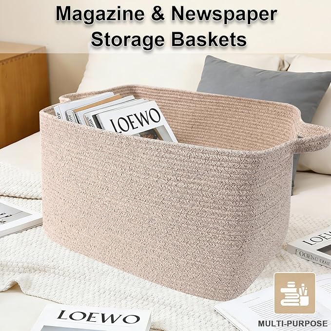 Large Blanket Basket,Woven Rope Basket Storage Bin with Handles,65L Rectangle Laundry Basket for Magazines,Toys,Clothes,Newspaper Shelf Organization,Nursery and Living Room,Brown