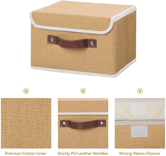 ANMINY Storage Bin with Lid Storage Boxes with PU Leather Handles PP Plastic Board Decorative Foldable Lidded Cotton Linen Fabric Home Cubes Baskets Closet Organizer Container - Khaki, Small Size
