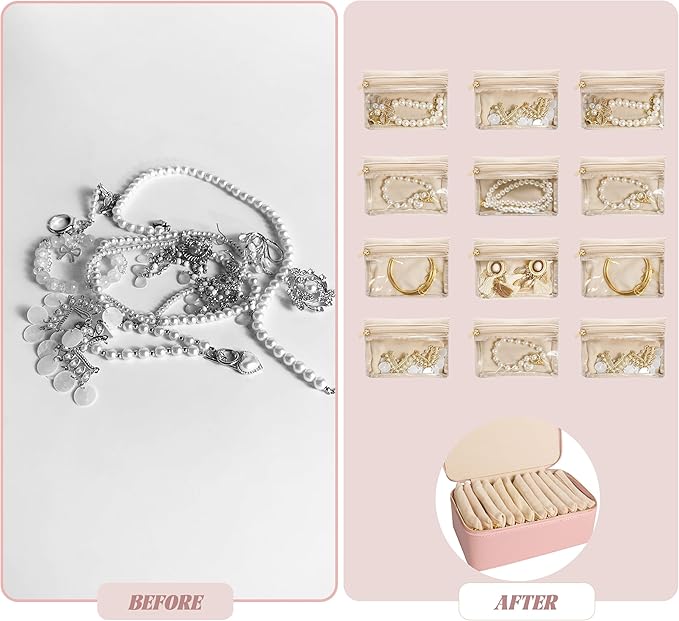 Travel Jewelry Case, Portable Jewelry Box with 6 Jewelry Bags,Travel Gift for Women Teen Girls (Pink 12 Pcs)