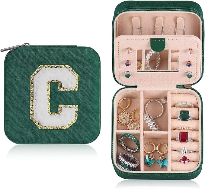 ETHOON Jewelry Travel Case Small Organizer Stocking Box Personalized Gifts Teenage Jewelry Accessories Holiday Christmas Gift for Women Green, Letter C