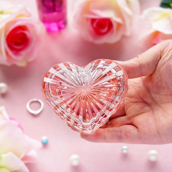 kanpura Glass Heart Shaped Jewelry Box Candy Dish with Lid Ring Earring Trinket Storage Box Vintage Jewelry Organizer Decorative Jar Christmas Gift for Women Girls(Pink)