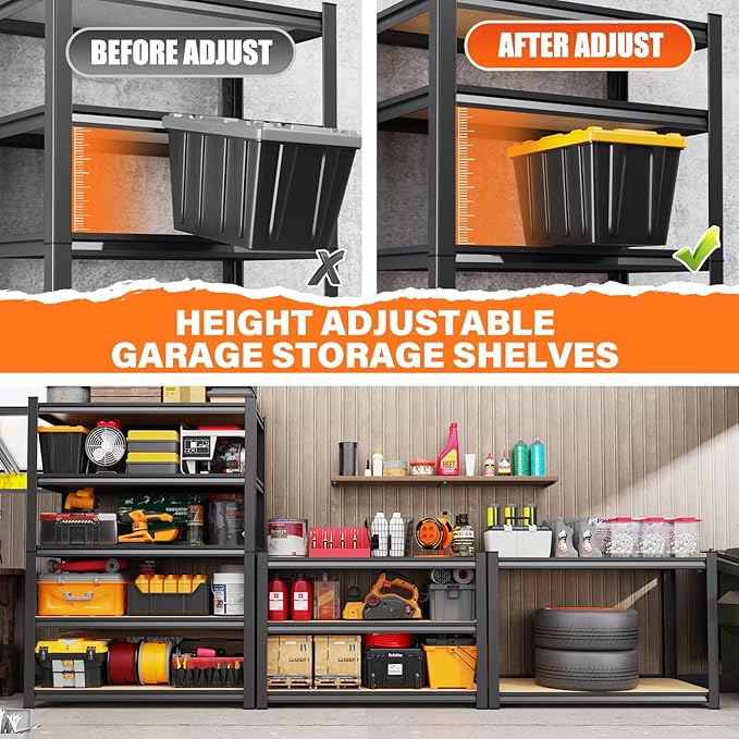 71''H 35.4''W Storage Shelves,2500LBS Garage Shelving ,Adjustable Garage Shelves ,Heavy Duty Metal Shelving, 5 Tier Wood Utility Steel Shelf, Shelving Units and Storage Rack fo Kitchen Pantry 2 Pack