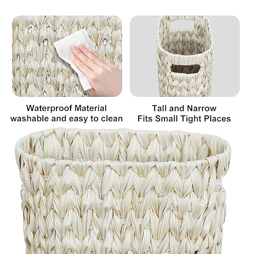 Coeusy Wicker Trash Can,Bathroom Trash Can,Waterproof Wicker Waste Basket for Bathroom,Narrow Small Waste Basket for Bedroom,Office, Cream White 5 Gallon