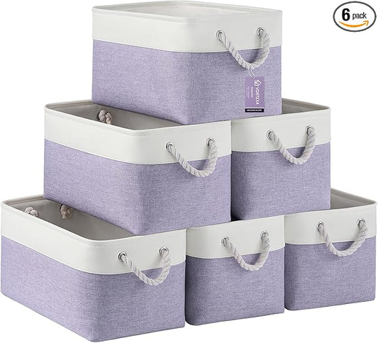 Large Storage Baskets- 15x11x10 inch Storage Bins for Shelves and Closet Organizing, Foldable Fabric Bin for Home Organization Clothes and Laundry (6-Pack, White&Purple)