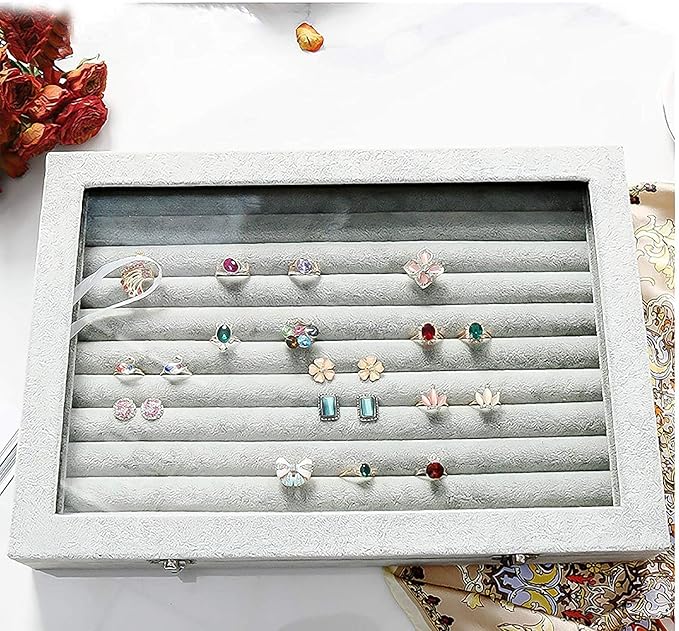 Jewelry Tray Ring Organizer Box with Clear Lid Velvet Tray for Jewelry Storage Display Case, 10 Slots Can Hold 100 Rings Earrings Dustproof Necklace Jewelry Box Organizer & Tray