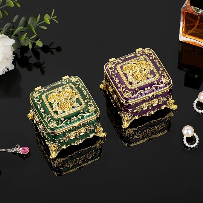 Hipiwe Vintage Jewelry Box Small Trinket Storage Organizer Box Gold Metal Chest Ring Case Treasure Chest Square Keepsake Boxes for Earrings Necklace Gift for Women,Purple