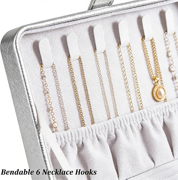 QBestry All-in-One Travel Jewelry Organizer for Women Silver | Small Jewelry Box with 68 Earring Holes | Compact Portable Jewelry Case for Earrings, Rings, Necklaces | Perfect Gifts for Mom Wife Girls