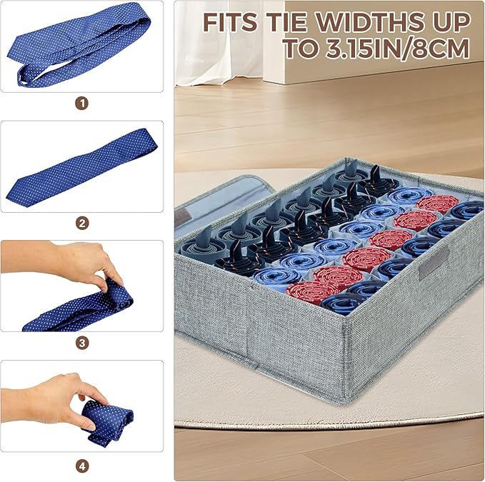 PINGMIC Gray Sock Organizer Divider 4 Pack with Lid - 30 Cell Foldable Closet Storage, Tie Organizer For Men Boxes for Socks, Ties, Belts