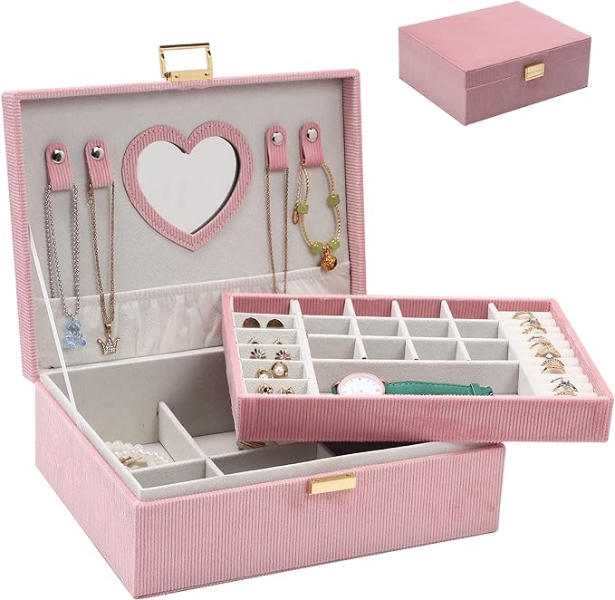 Dajasan Jewelry Boxes for Women Girls, Jewelry Organizer Box, 2-Layer Large Velvet Jewelry Organizer for Rings Necklaces Bracelets Watch Earring（Pink）