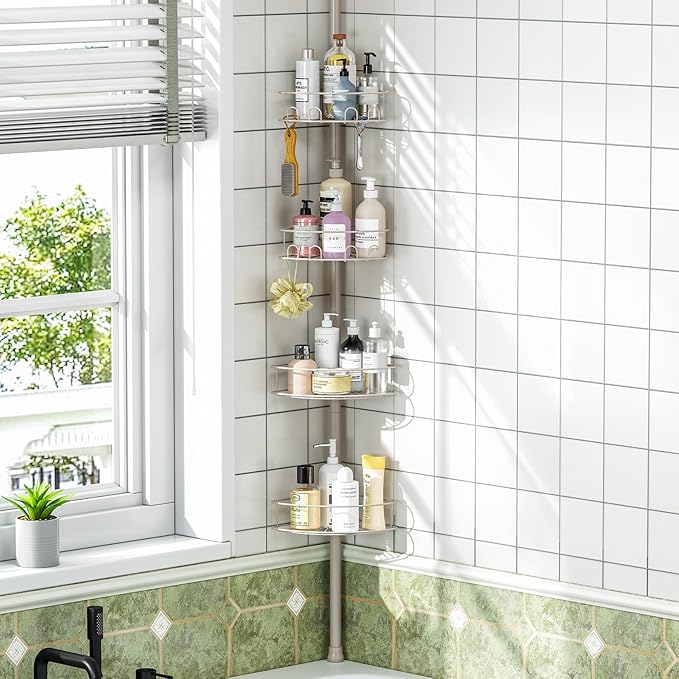 Urackify Corner Shower Caddy Tension Pole, 4 Tier Adjustable Bathroom Organizer Shelves, Shower Storage With Hidden Hook & Towel Holder,63.7-119 Inch No-Drill Quick Installation Shower Rack,Sliver