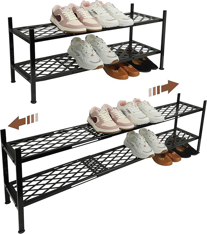 Shoe Rack, 45.6" Expandable Shoes Storage Metal Shoe Shelf Stand 2-Tier Stackable Boot Organizer for Closet, Entryway, Garage, Bedroom, Door Entrance, Black