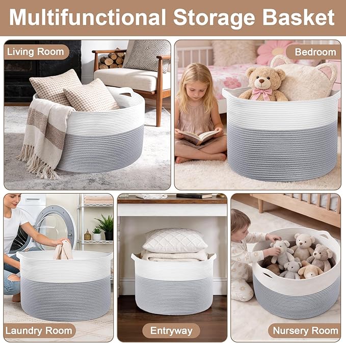 XXXL Large Laundry Basket, 105L Soft Cotton Rope Basket, Blanket Storage and Organizers, Baby Nursery Laundry Hamper, Extra Large Toys Storage Bins for Kids 23.6'' x 14.6'', White & Gray