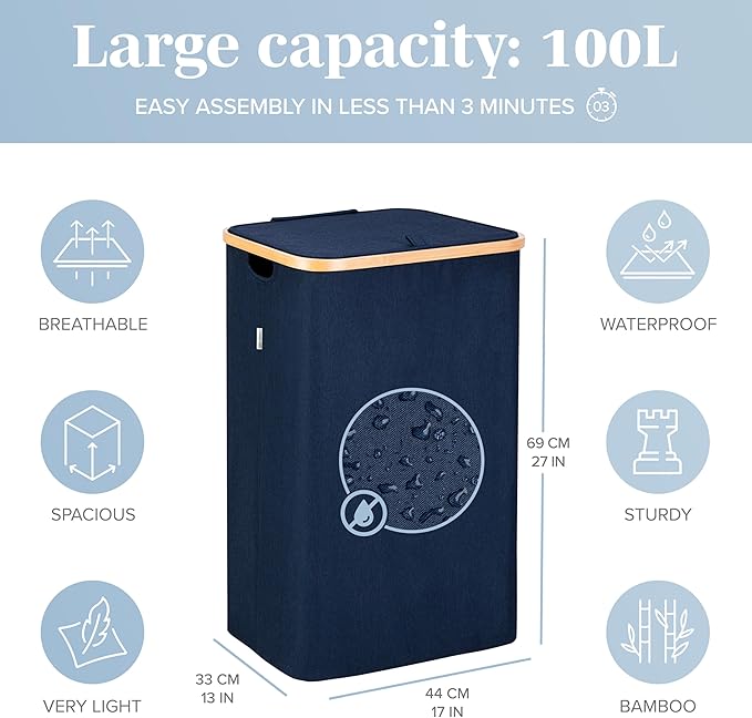 LONBET Laundry Basket with Lid, Made from Breathable Fabric | Aesthetic Clothes Hampers for Laundry with Side Handles & Sturdy Bamboo Frame (26 Gallons - Single, Blue)