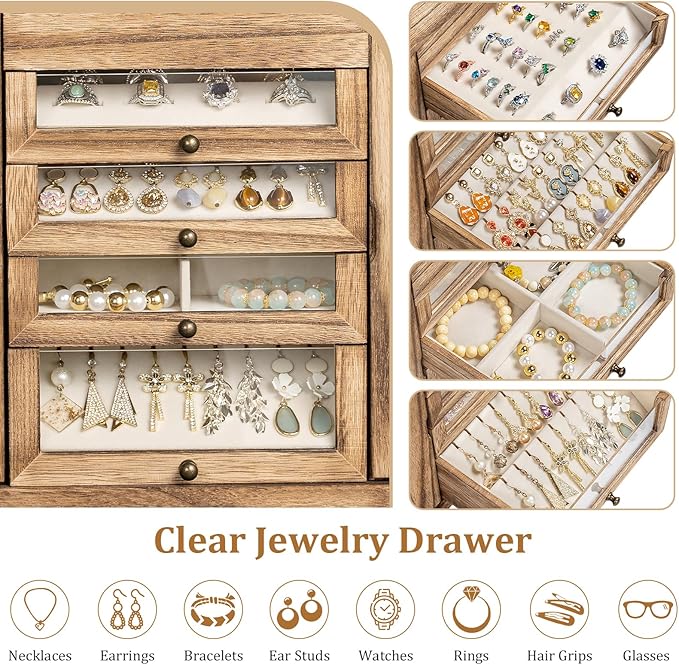 Large Jewelry Box & Organizer for Women, Wooden Jewelry Storage with 4 Transparent Drawers, Holds Necklaces, Rings, Bracelets, Earrings and Watches(Brown)