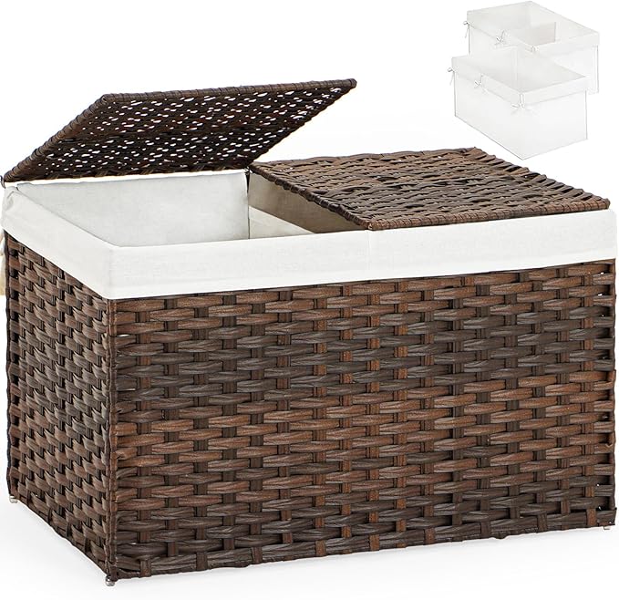 SETVSON Storage Basket with Lid Wicker Baskets for Storage with 2 Separate Lid 42.3 Gallon (160 L) 29.9 x 17.3 x 18.1 Inches Rattan Woven Large Wicker Basket with 2 Liners for Bedroom Laundry Brown