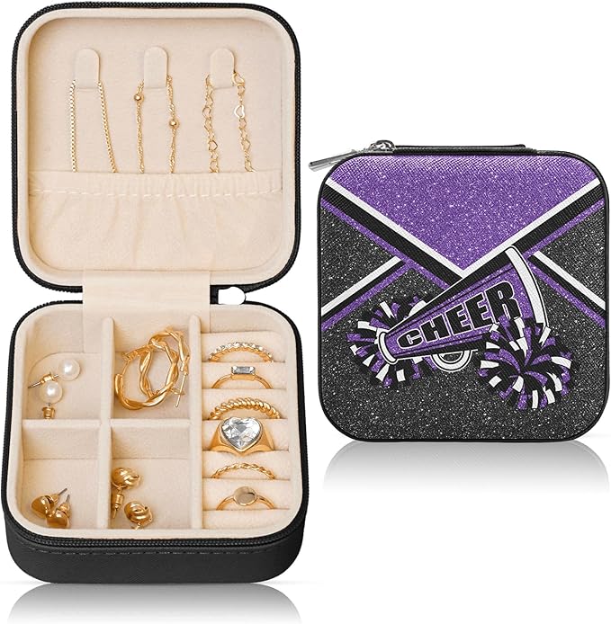 Cheerleader Travel Jewelry Case, Cheer Travel Jewelry Box for Women, Mini Jewelry Travel Case for Cheer Team, Cheerleader Gifts for Girls (Purple)
