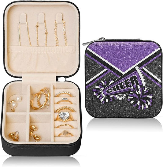 Cheerleader Travel Jewelry Case, Cheer Travel Jewelry Box for Women, Mini Jewelry Travel Case for Cheer Team, Cheerleader Gifts for Girls (Purple)