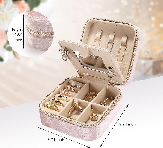 Plush Velvet Travel Jewelry Box for Women & Girls - Small Portable Organizer, Storage Case for Rings, Earrings, Necklaces & Bracelets – Ideal Gift for Travel & Occasions (Gray pink)