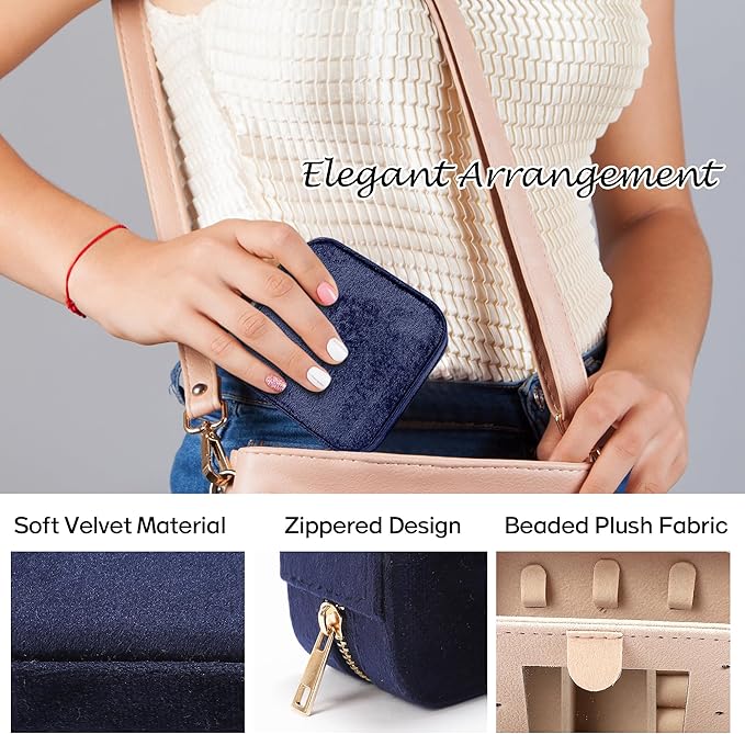 Plush Velvet Travel Jewelry Box for Women & Girls - Small Portable Organizer, Storage Case for Rings, Earrings, Necklaces & Bracelets – Ideal Gift for Travel & Occasions (Dark blue)