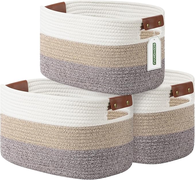 ECDYQXVU Cotton Rope Basket, Storage Baskets with Handle, 15x10x9 Inch Woven Basket for Shelves, Laundry, Towels, Clothes, Books (Gradient Brown 3 Pack)