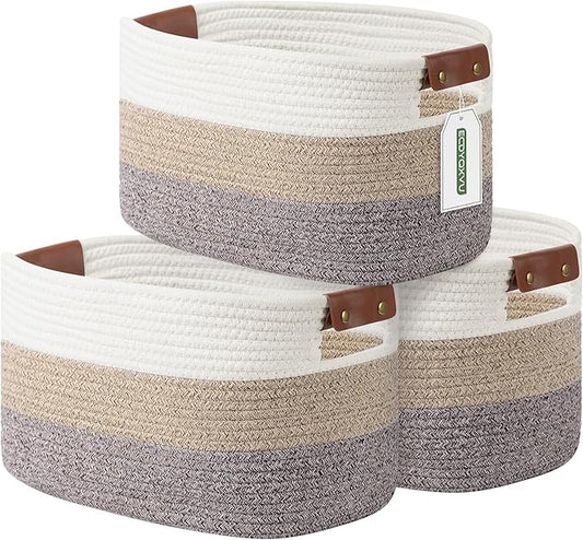 ECDYQXVU Cotton Rope Basket, Storage Baskets with Handle, 15x10x9 Inch Woven Basket for Shelves, Laundry, Towels, Clothes, Books (Gradient Brown 3 Pack)