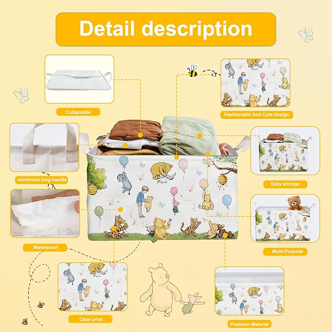 Winnie Basket,the Pooh baby Stuff,Winnie Nursery Decor Laundry Hamper With A Waterproof PECoating, Foldable, Bathroom and Bedroom SetClothes ,Toys Bin, Baby Nursery Hamper Decor