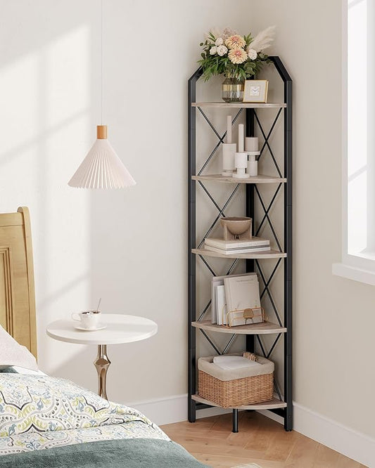 CHOEZON 5-Tier Corner Shelf, Industrial Corner Bookshelf, 59.4" Corner Storage Stand, Plant Stand Display Shelf, Corner Bookcase for Bedroom, Living Room, Home Office, Greige and Black TCJ10BG