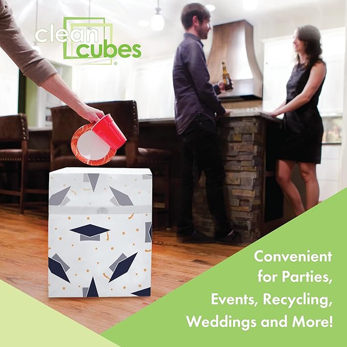Clean Cubes 13 Gallon Disposable Pop-Up Trash Cans (3-Pack) with Fitted Bags – Foldable Garbage & Recycling Bins for Parties, Events & Kitchen (Graduation, 17" H x 13.5" W x 10" D)