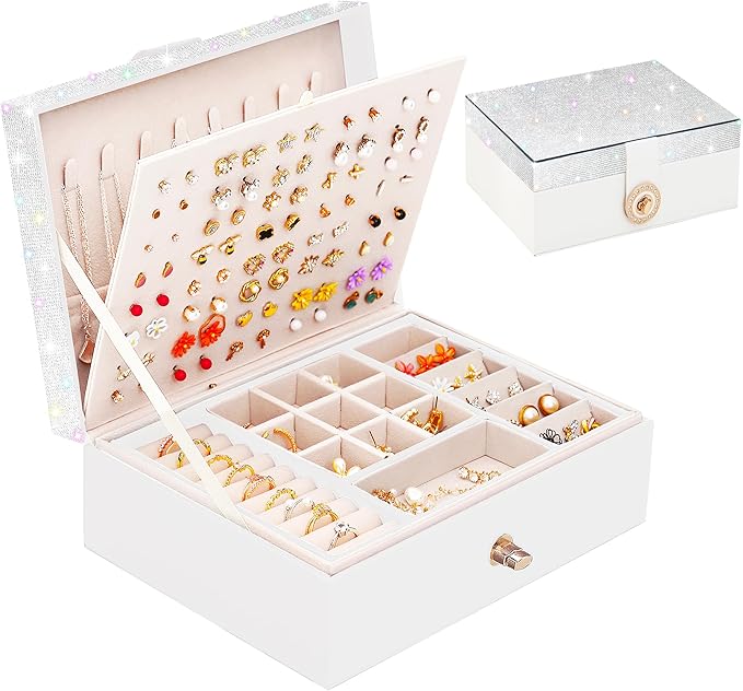 QBestry Jewelry Box for Earrings, Teen Girls Jewelry Organizer Box Earring Holder Organizer for Girls Jewelry Box Stud Earring Organizers for Girls Earrings Jewelry Boxes for Women Bling