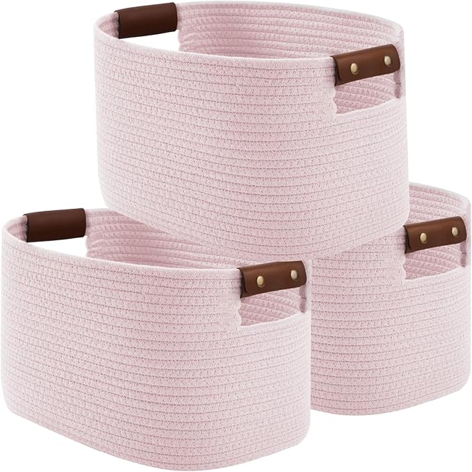 ECDYQXVU Cotton Rope Basket, Storage Baskets with Handle, 15x10x9 Inch Woven Basket for Shelves, Laundry, Towels, Clothes, Books (Light/Pink 3Pack)