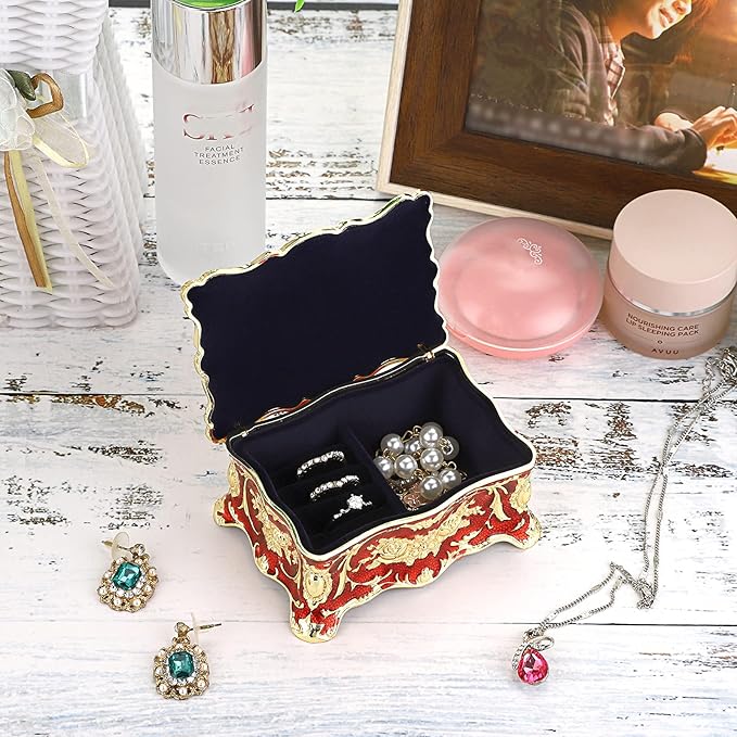 Hipiwe Vintage Jewelry Box, Small Enameled Trinket Box Organizer Rectangular Treasure Chest Box Jewelry Decorative box Keepsake Gift Box Case for Women,3.7x 2.7x 2 inch