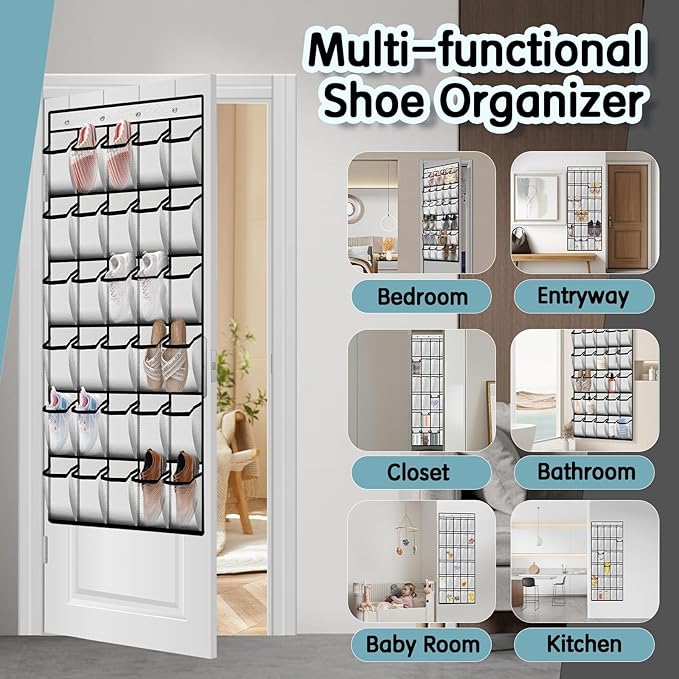 Kotkn Over the Door Shoe Organizer with 30 Breathable Mesh Pockets - Large Capacity Closet Storage for Men & Women, Hanging Shoe Rack Organizer (White)