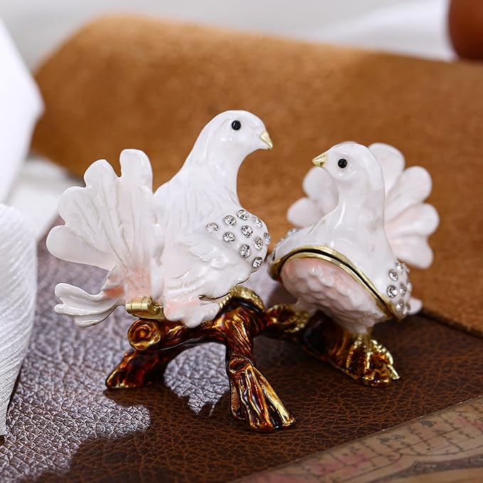 Hand Painted Animal Trinket Box for Home Decor, Hinged Jewelry Organizer Storage, Unique Personalized Collectible Keepsake Figurine Handmade Decorative Ornament Gifts (Dove Couple)