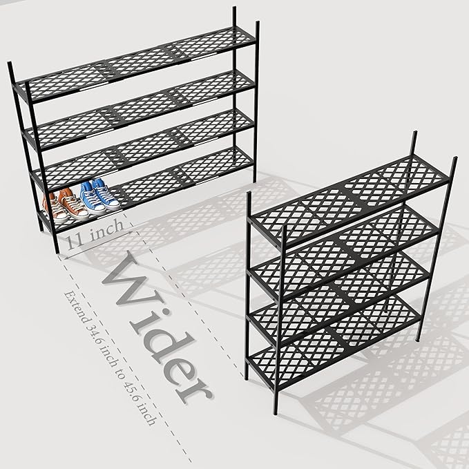 Shoe Rack, 4-Tier Long Shoe Rack, Stackable Shoe Storage Organizer Expandable Shoe Shelf Stand, Holds up to 25-30 Pairs of Shoes for Entryway, Garage, Front Door Entrance, Metal,45.6in Black
