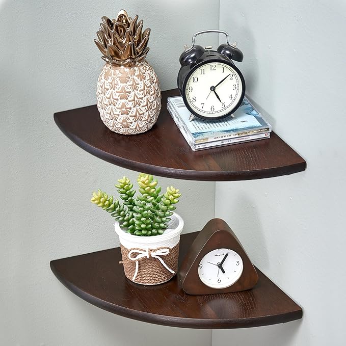 Corner Shelves, Floating Corner Shelf, Set of 2 10inch Solid Oak Wood Corner Wall Shelves, Round End with Wire Hole for Small Plant for Bedroom Kitchen, Living Room