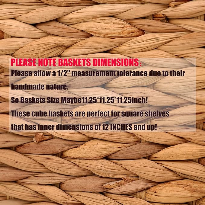 11x11in Storage Baskets 4 Pcs Square Baskets for Cube Shelf,Foldable Handwoven Water Hyacinth Storage Bins for Laundry Organizer
